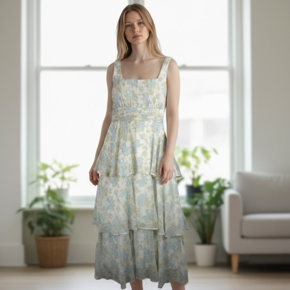 Altar'd State Cream and Blue Tiered Maxi Dress